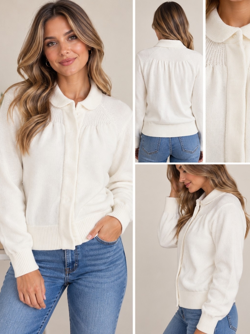 Gap White Knit Cardigan Hidden Button Mock Neck Gathered Yoke